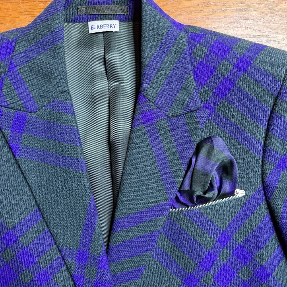 Burberry Runway Wool Deep Royal Check Green Purple Coat 50 Reg Blazer